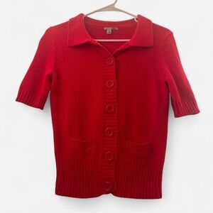 Halogen Red Cardigan Button-Up Short Sleeve Cotton Sweater